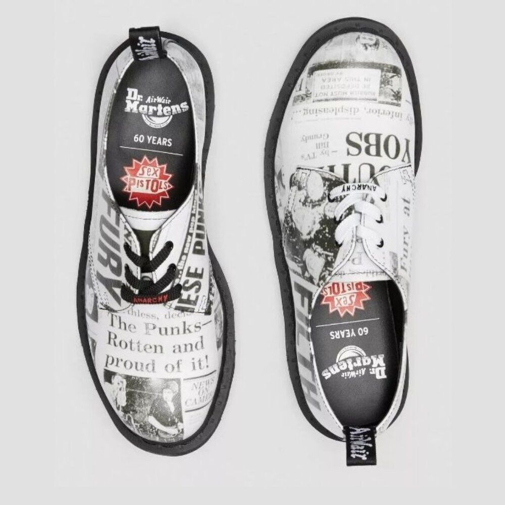 NEW DR. MARTENS Sex Pistols 1461 Oxford Shoes Punk 3-Eye B/W Newspaper Print Doc - Picture 3 of 9